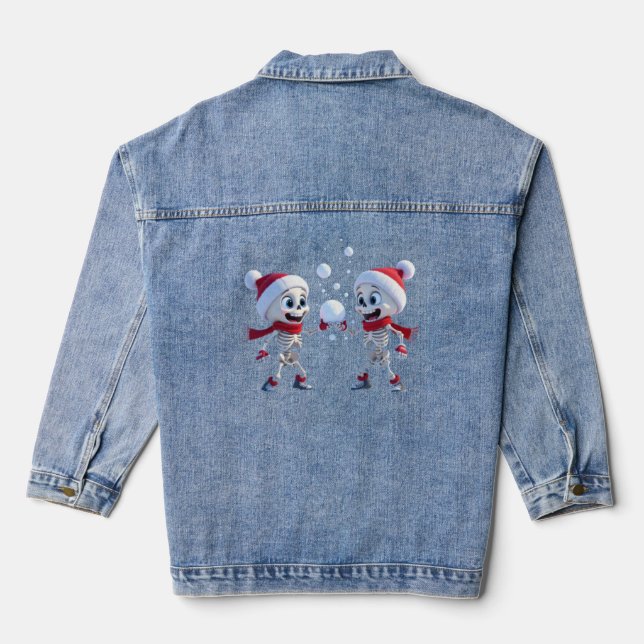Funny Santa Skeletons Having a Snowball Fight  Jeansjacke (Rückseite)