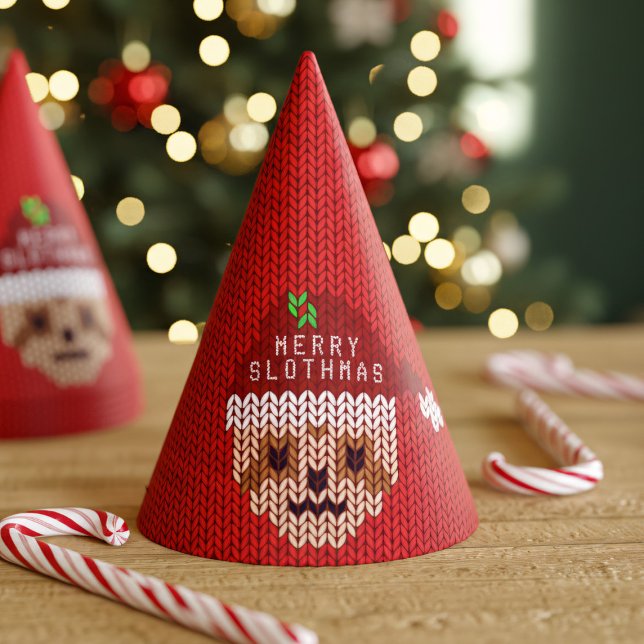 Funny Santa Sloth Red Christmas Paper Party Hat Partyhütchen (T'is the season to be a sloth! Have fun at your next holiday party with this fun Merry Slothmas hat)
