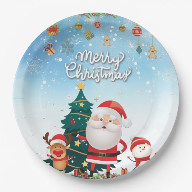 Funny Santa, Snowman, Reindeer Frohe Weihnachten Pappteller (Vorderseite)