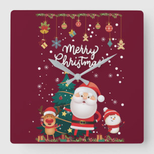 Funny Santa, Snowman, Reindeer Frohe Weihnachten Quadratische Wanduhr