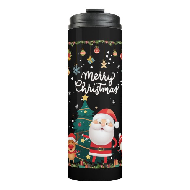 Funny Santa, Snowman, Reindeer Frohe Weihnachten Thermosbecher (Vorderseite)