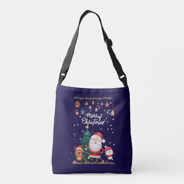 Funny Santa, Snowman, Reindeer Frohe Weihnachten Tragetaschen Mit Langen Trägern (Rückseite)