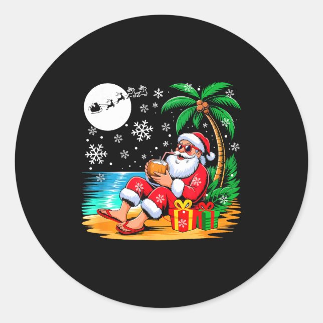 Funny Santa Sungles Drinking Coconut On Beach Chri Runder Aufkleber (Vorderseite)