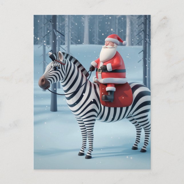 Funny Santa und ein Zebra Winterwald Postkarte (Vorderseite)
