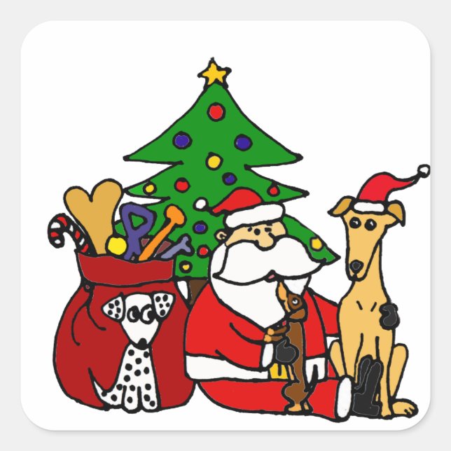 Funny Santa und Puppy Hunde Weihnachten Quadratischer Aufkleber (Vorderseite)