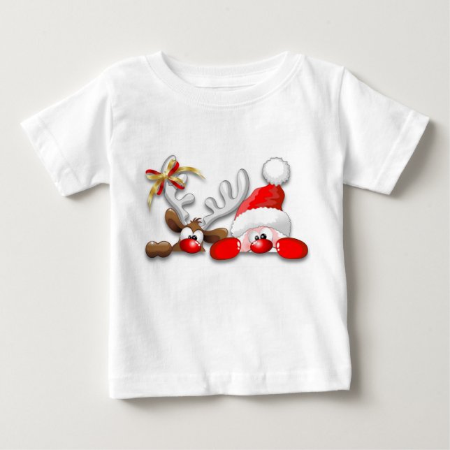 Funny Santa und Reindeer Cartoon Baby T - Shirt (Vorderseite)