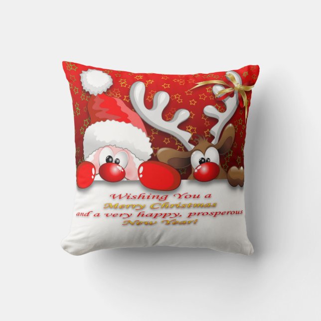 Funny Santa und Rentier Cartoon Kissen (Vorderseite)