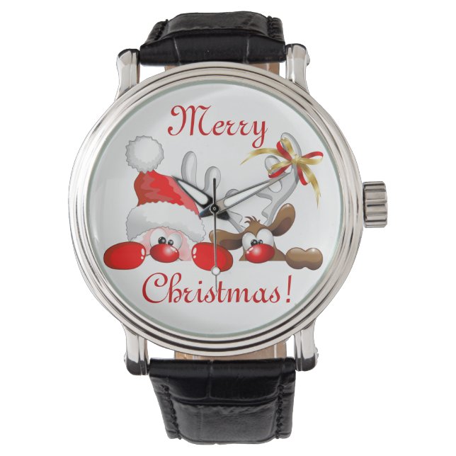 Funny Santa und Rentier Cartoon Ornament Magnet B Armbanduhr (Vorderseite)
