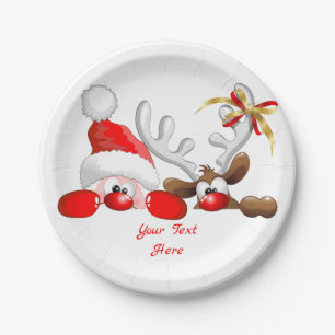 Funny Santa und Rentier Cartoon Pappteller
