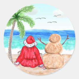 Funny Santa und Snowman am Weihnachtsstrand Runder Aufkleber