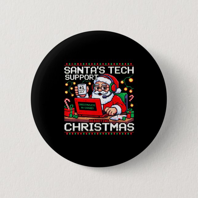 Funny Santa's Tech Suprt Rebooting Christmas Ugly  Button (Vorderseite)