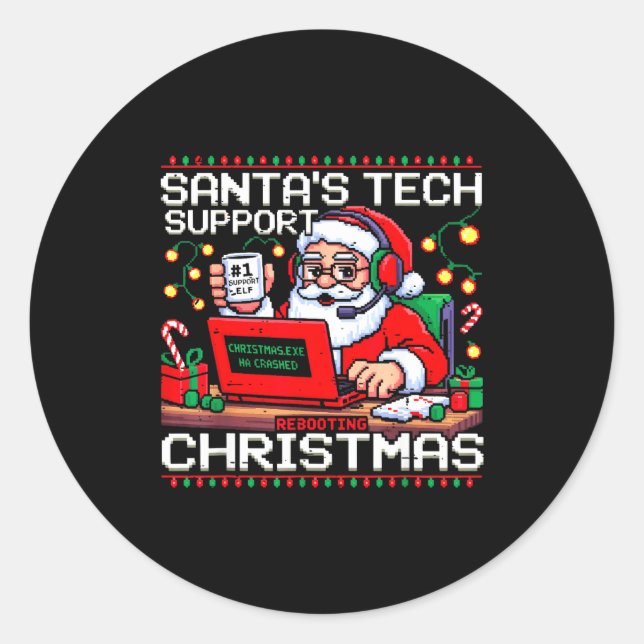 Funny Santa's Tech Suprt Rebooting Christmas Ugly  Runder Aufkleber (Vorderseite)