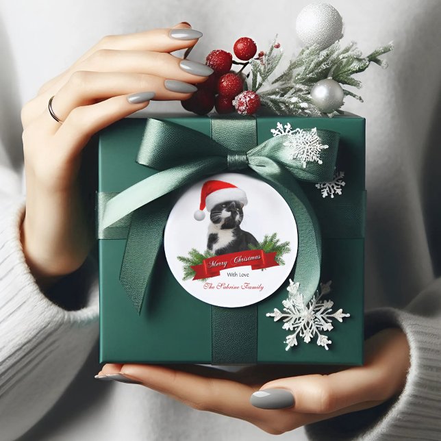 Funny Sarcastic Cat Santas Hat Weihnachtssticker Runder Aufkleber (Von Creator hochgeladen)