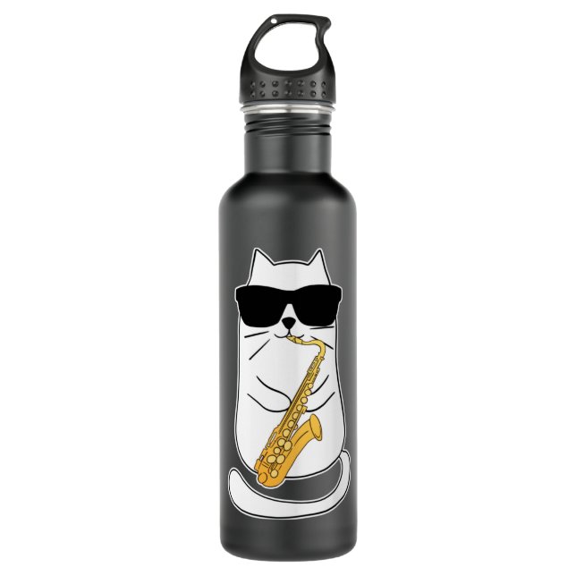Funny Saxophon Cat Musician Jazz Musik Lover Long Edelstahlflasche (Vorderseite)