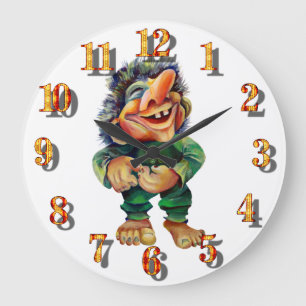Funny Scandinavian Troll Watercolor Illustration Große Wanduhr