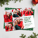 Funny Schau uns 5 Foto Collage Weihnachten | Grün<br><div class="desc">Diese lustige 5-Foto-Collage-Urlaubskarte zeigt Retrostil-Typografie mit dem Titel "Schau uns an, sei alles festlich und so" in Grün auf weißem Hintergrund. Don diese Weihnachtsmannmützen, Rentierfresser, hässliche Pullover, oder andere offensichtliche Weihnachtsbekleidung und Accessoires. Dann schnappen Sie ein paar Fotos. Laden Sie Ihre Favoriten hoch, und voila - Sie haben sich eine...</div>