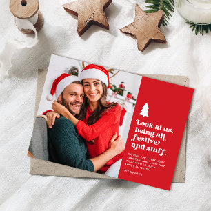 Funny Schau uns als festliches Weihnachts-Foto an Feiertagskarte