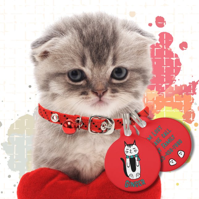 Funny Schwarz-weiß Cat Cartoon Red Kawaii Haustiermarke (Von Creator hochgeladen)