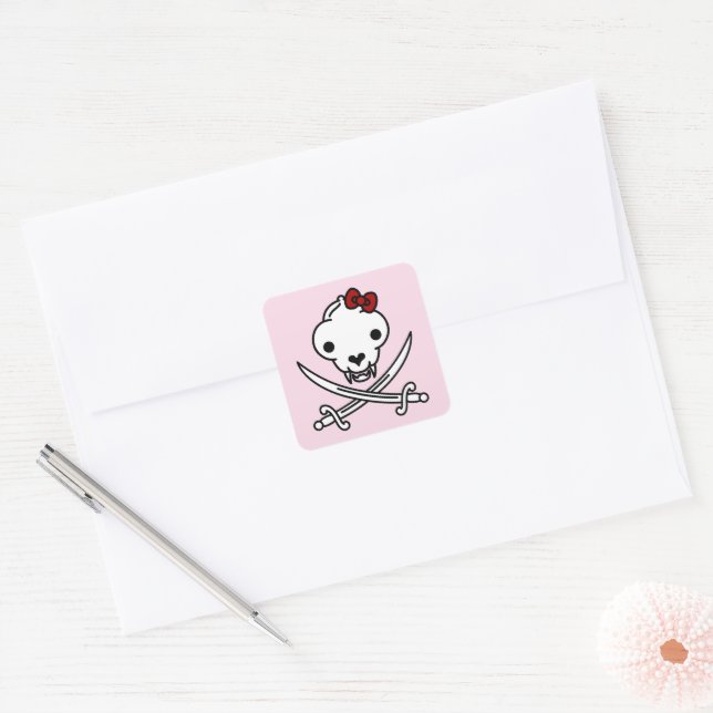 Funny Schwarz-weiß Jolly Kitty Pirate Skull Bones Quadratischer Aufkleber (Umschlag)