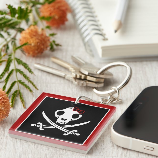 Funny Schwarz-weiß Jolly Kitty Pirate Skull Bones Schlüsselanhänger (Vorderseite rechts)