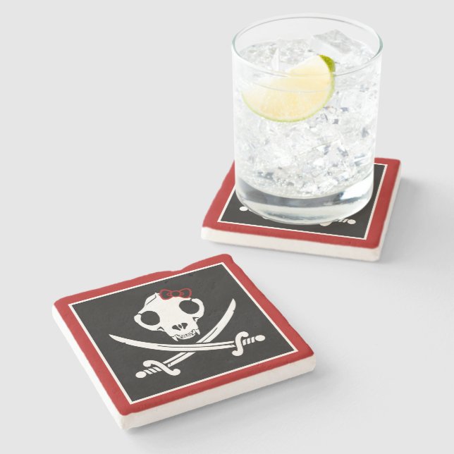 Funny Schwarz-weiß Jolly Kitty Pirate Skull Bones Steinuntersetzer (Seitenansicht)