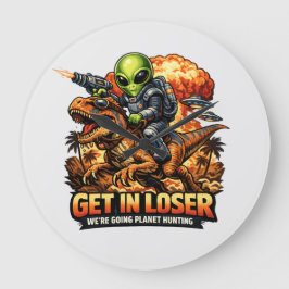 Funny Sci-Fi Fantasy Meme Art, Alien Riding Dinosa Große Wanduhr