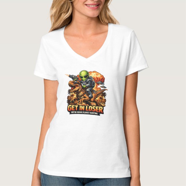 Funny Sci-Fi Fantasy Meme Art, Alien Riding Dinosa T-Shirt (Vorderseite)