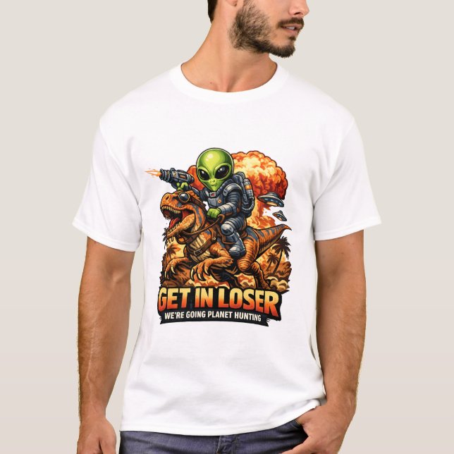 Funny Sci-Fi Fantasy Meme Art, Alien Riding Dinosa T-Shirt (Vorderseite)