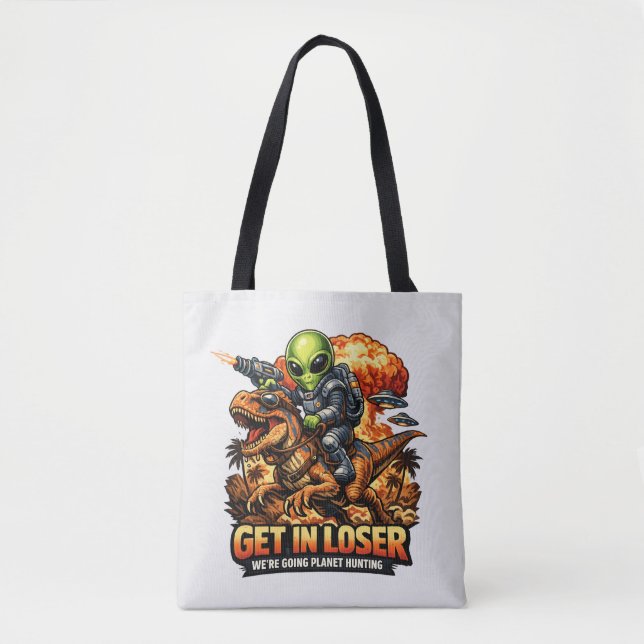 Funny Sci-Fi Fantasy Meme Art, Alien Riding Dinosa Tasche (Vorderseite)