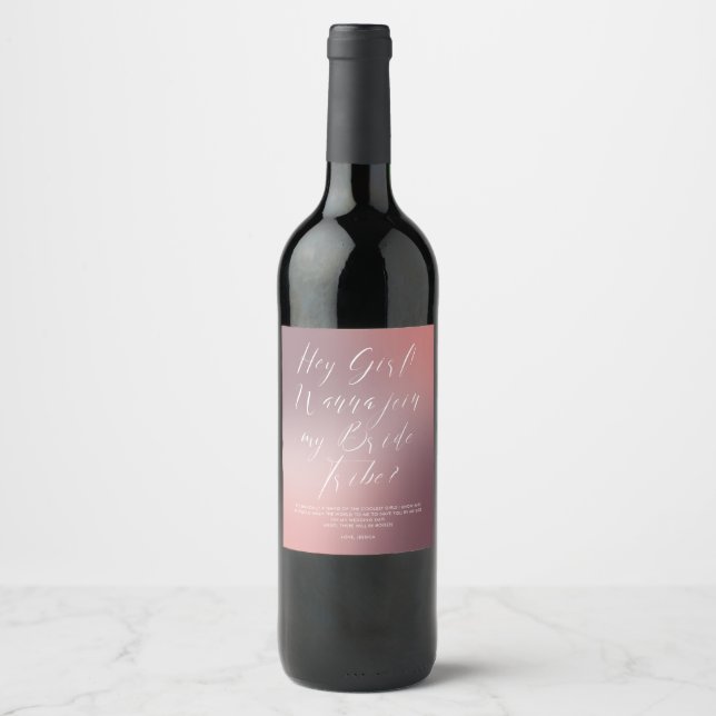 Funny Script Pink Ombré Bride Tribe Bridesmaid Weinetikett (Vorderseite)