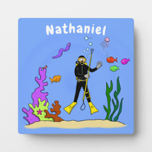 Funny scuba diver and fish sea creatures cartoon fotoplatte