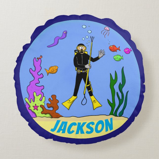 Funny Scuba Diver und Fisch Cartoon Rundes Kissen (Vorderseite)