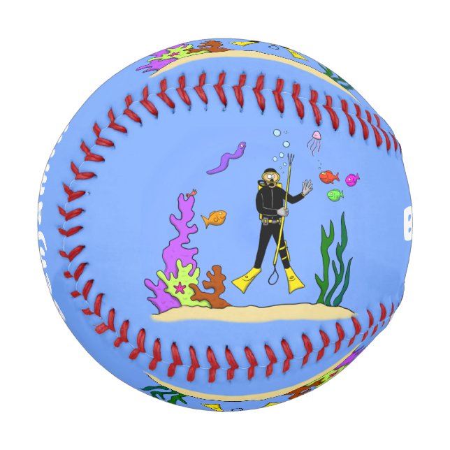 Funny Scuba Diver und Fischarten Cartoon Baseball (Vorderseite Links)