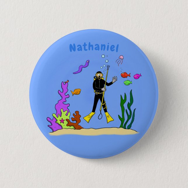 Funny Scuba Diver und Fischarten Cartoon Button (Vorderseite)