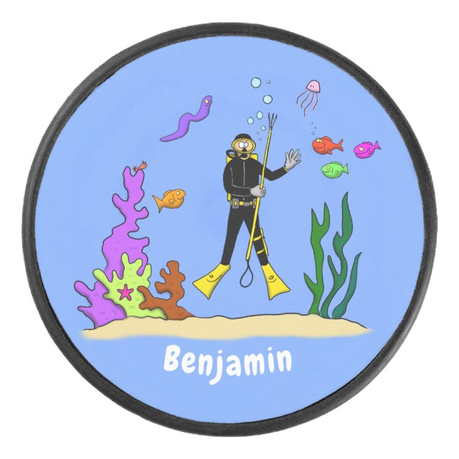 Funny Scuba Diver und Fischarten Cartoon Eishockey Puck (Vorderseite)