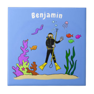 Funny Scuba Diver und Fischarten Cartoon Fliese