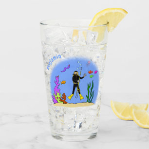 Funny Scuba Diver und Fischarten Cartoon Glas