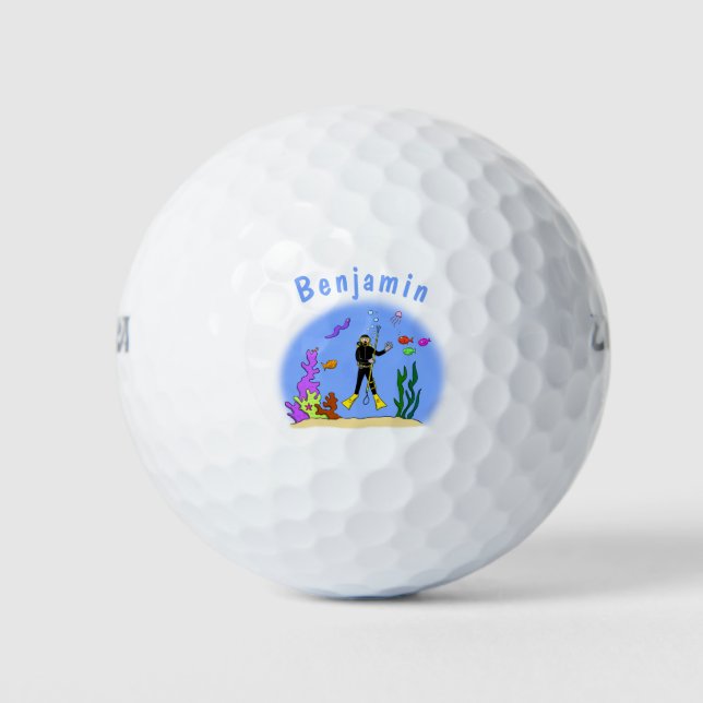 Funny Scuba Diver und Fischarten Cartoon Golfball (Vorderseite)