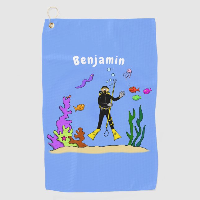Funny Scuba Diver und Fischarten Cartoon Golfhandtuch (Vorderseite)