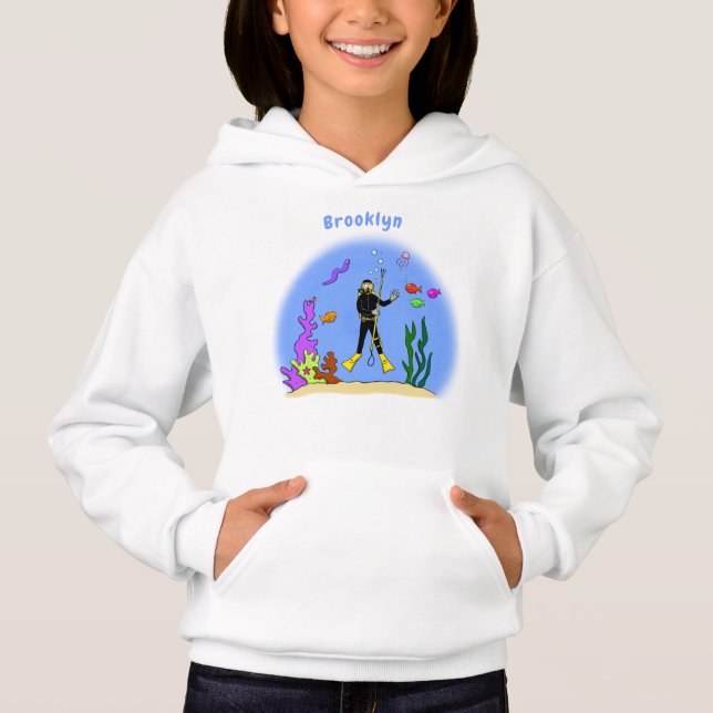 Funny Scuba Diver und Fischarten Cartoon Hoodie (Vorderseite)