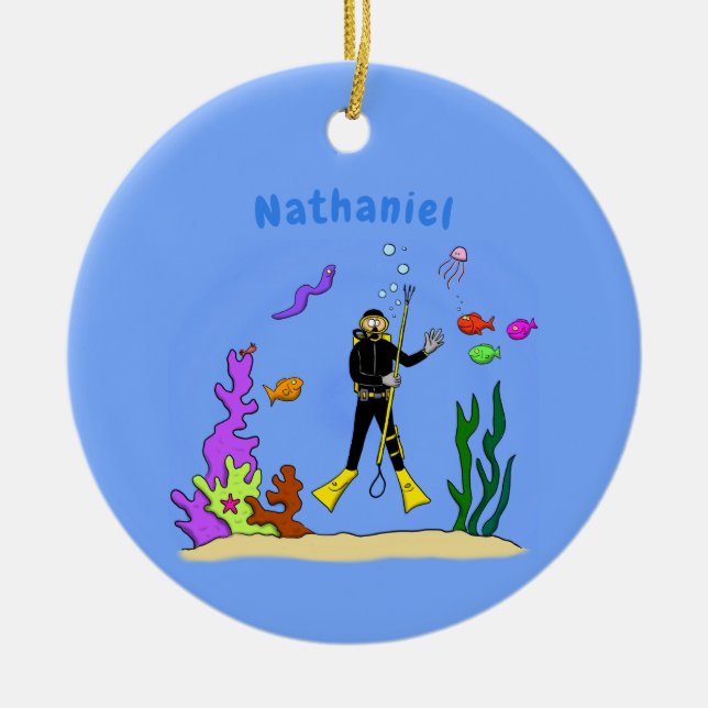 Funny Scuba Diver und Fischarten Cartoon Keramik Ornament (Vorne)
