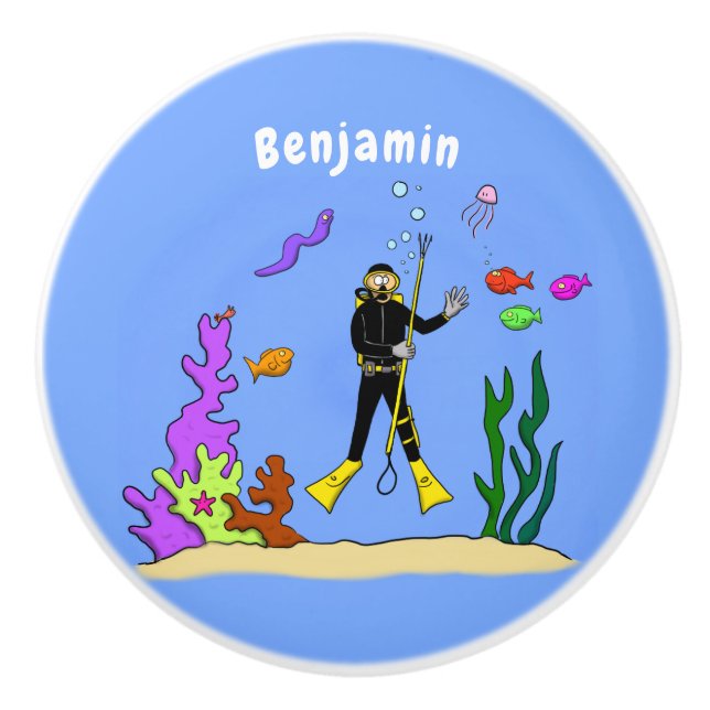 Funny Scuba Diver und Fischarten Cartoon Keramikknauf (Vorderseite)