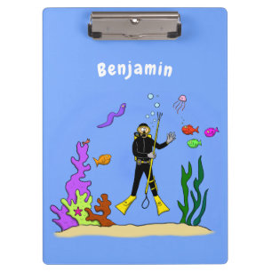 Funny Scuba Diver und Fischarten Cartoon Klemmbrett