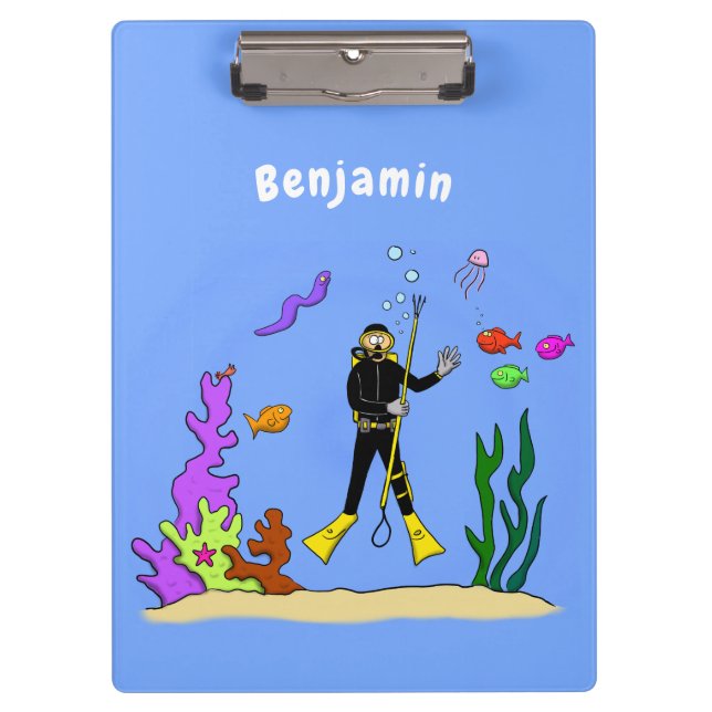 Funny Scuba Diver und Fischarten Cartoon Klemmbrett (Vorderseite)