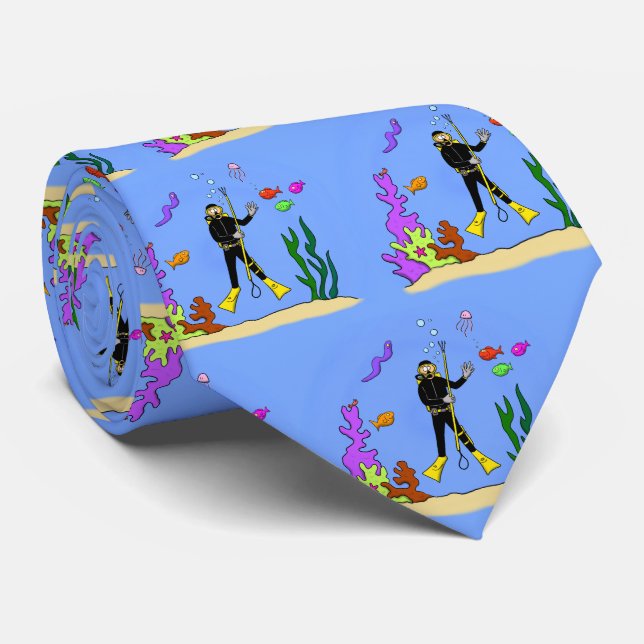 Funny Scuba Diver und Fischarten Cartoon Krawatte (Gerollt)