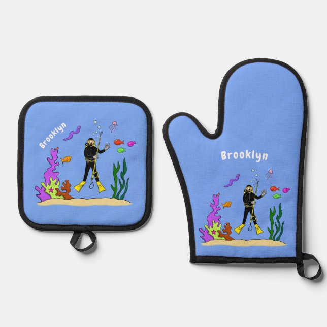Funny Scuba Diver und Fischarten Cartoon Ofenhandschuh & Topflappen-Set (Vorderseite)