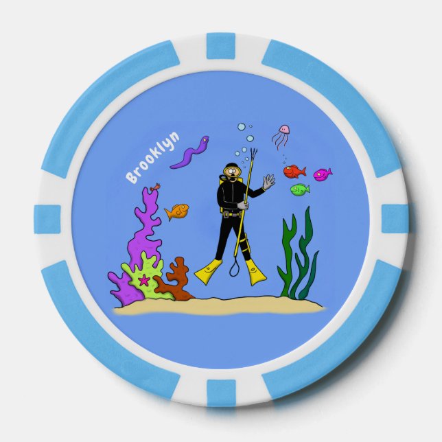 Funny Scuba Diver und Fischarten Cartoon Pokerchips (Vorderseite)