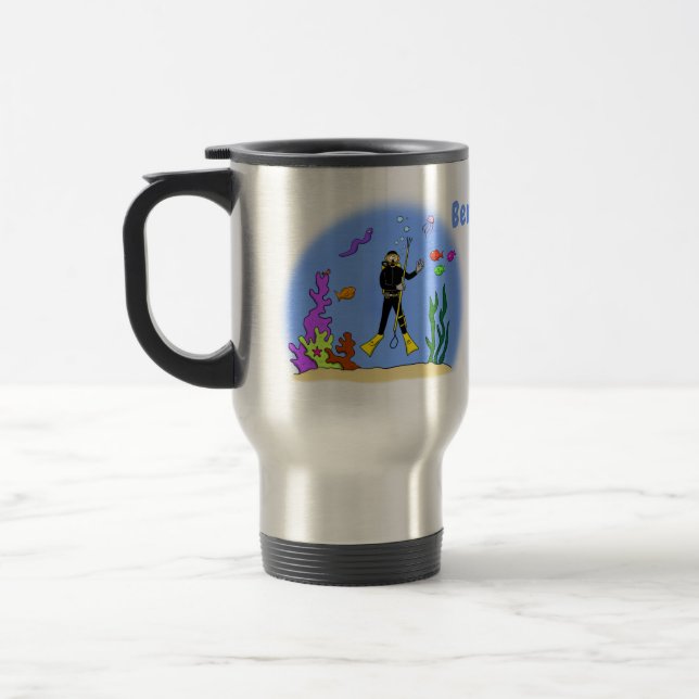 Funny Scuba Diver und Fischarten Cartoon Reisebecher (Links)