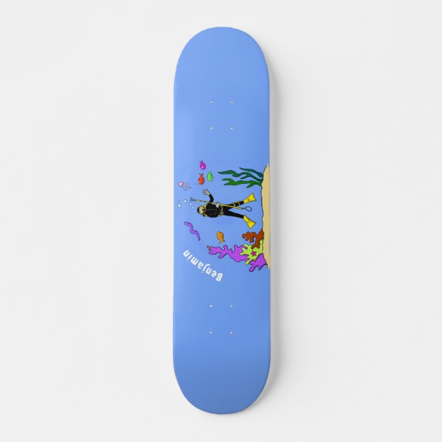 Funny Scuba Diver und Fischarten Cartoon Skateboard (Vorne)