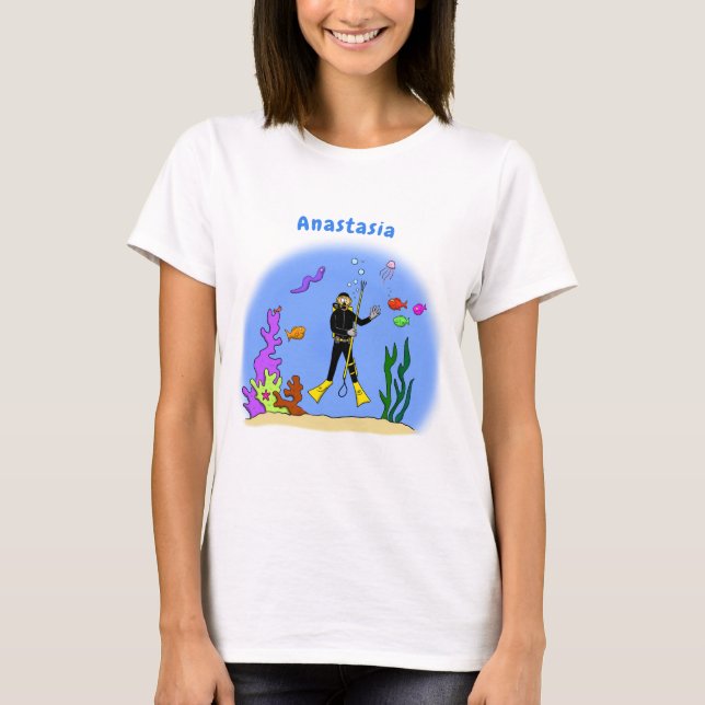 Funny Scuba Diver und Fischarten Cartoon T-Shirt (Vorderseite)